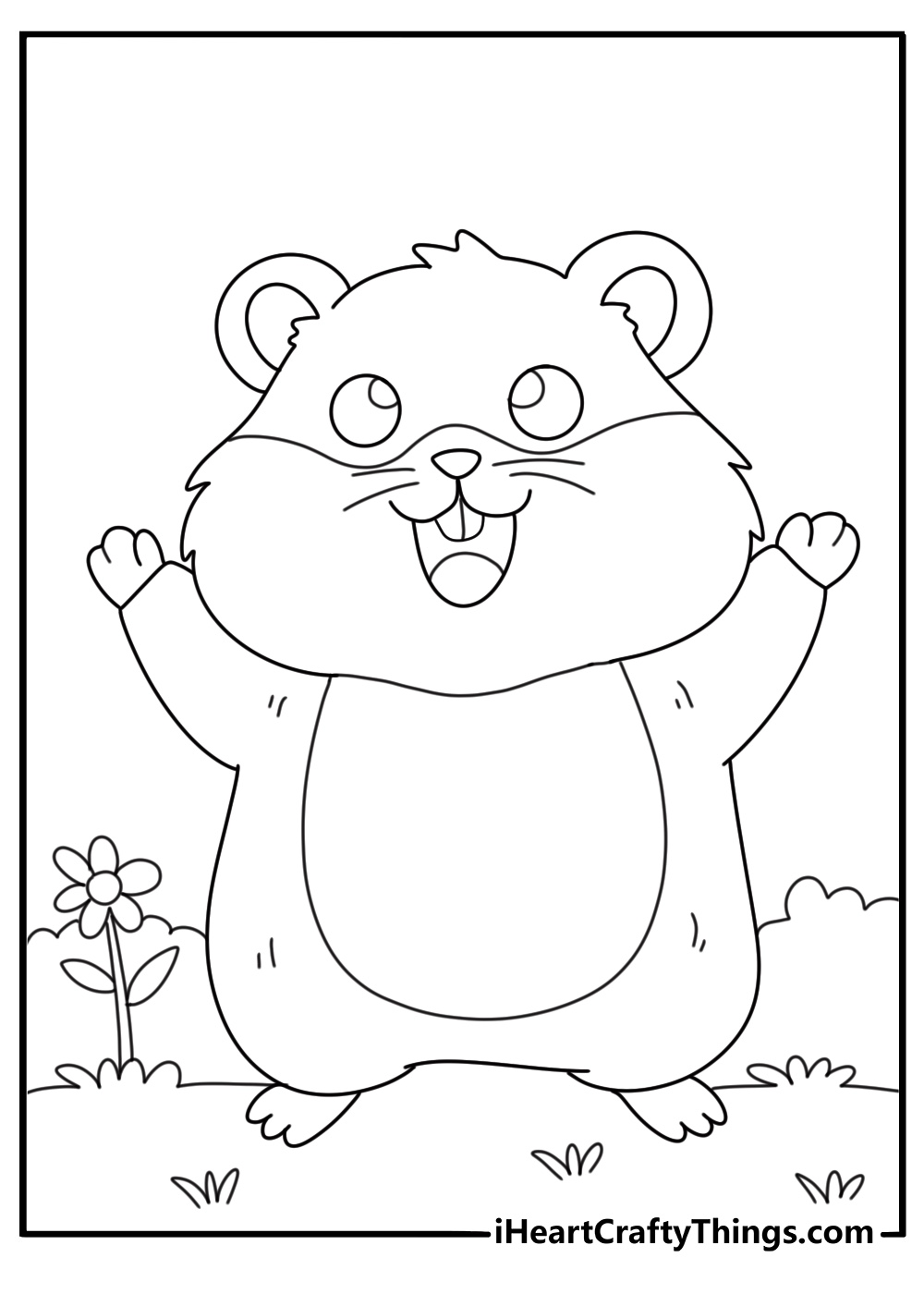 Free coloring image for kids of a happy hamster standing on his hind legs and waving hello