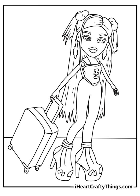 Free coloring page featuring Cloe packing clothes into a travel suitcase