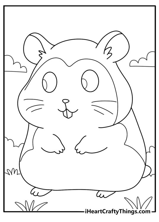 Free coloring page featuring cute smiling hamster sitting outdoors surrounded by some grass