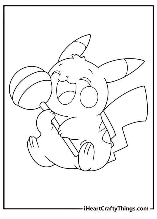 Free coloring page for children depicting Pokemon Pikachu enjoying a huge lollipop