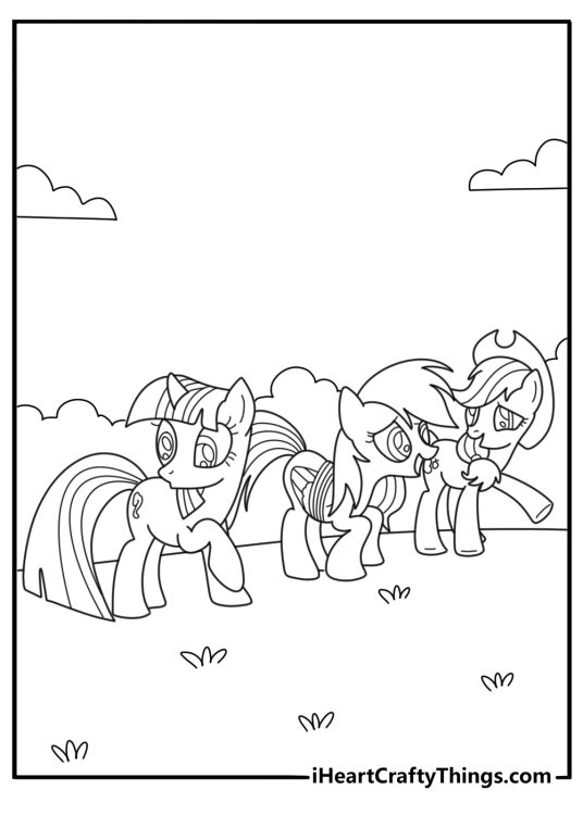 Free coloring page of Rainbow Dash leading a weather team