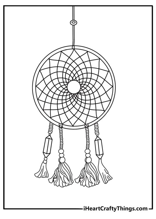Free coloring picture featuring dream catcher with some beads on strings hanging down from it