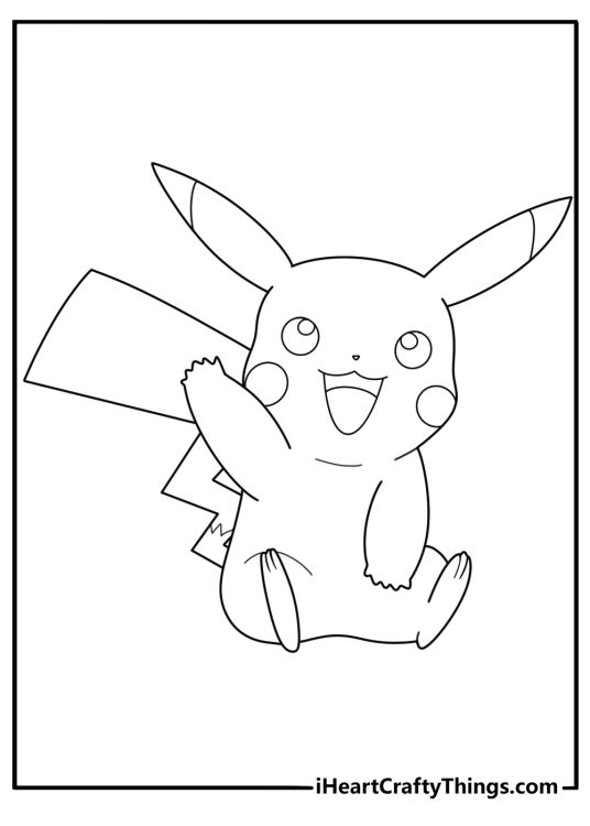 Free coloring printable for children featuring happy Pikachu giving a friendly wave