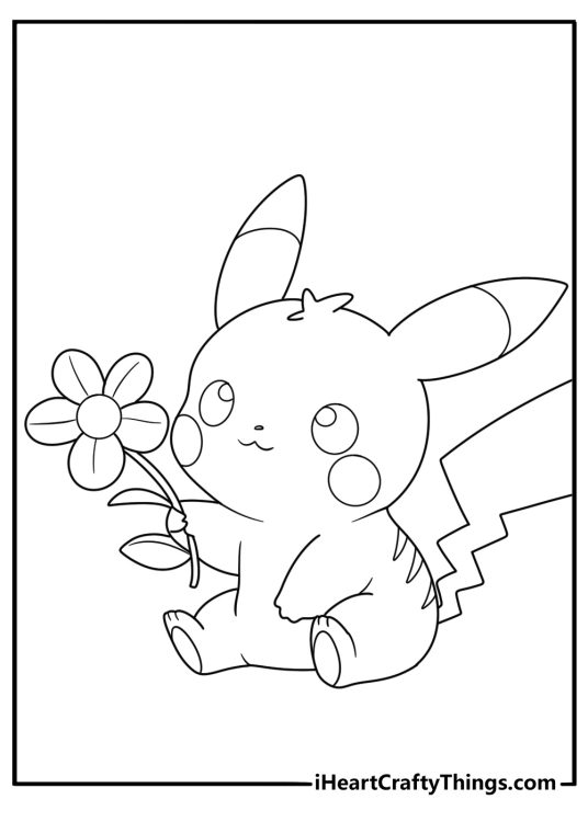 Free coloring printable for children of a Pikachu featured with a little flower in his paws