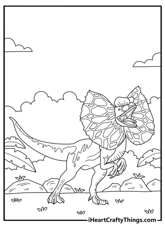 Free coloring sheet of dilophosaurus spreading neck frill near jungle fence