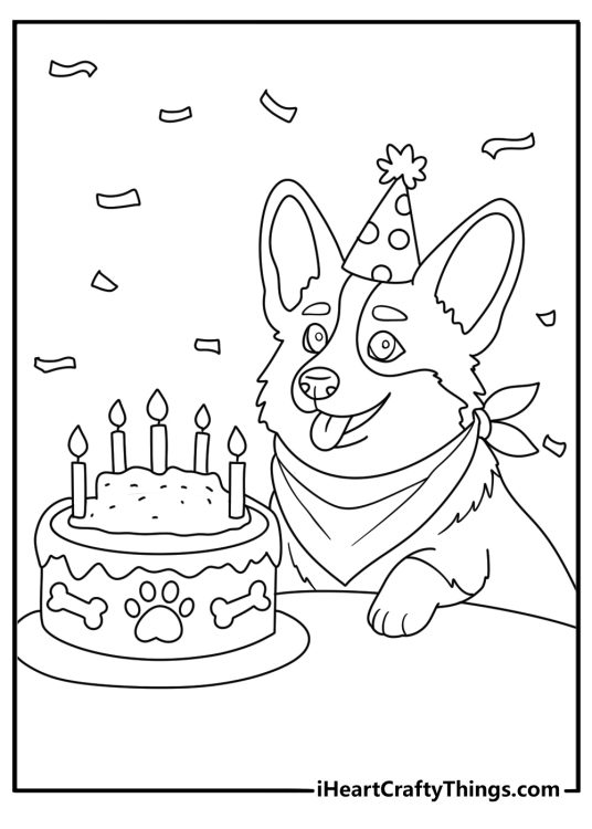 Free corgi coloring pages printable with a corgi and a birthday cake