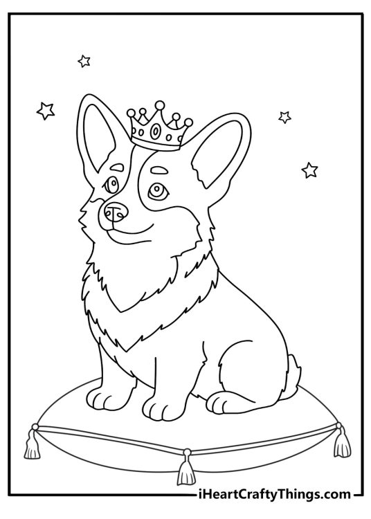 Free corgi printable of a corgi wearing a tiny crown on a pillow