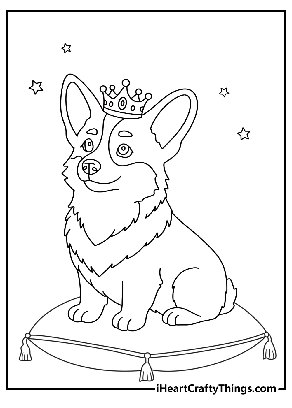 Free corgi printable of a corgi wearing a tiny crown on a pillow