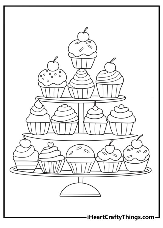 Free cupcake coloring pages printable with a cupcake tower on a party table