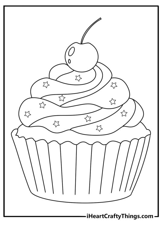 Free cupcake printable of a cupcake with swirled frosting and a cherry on top