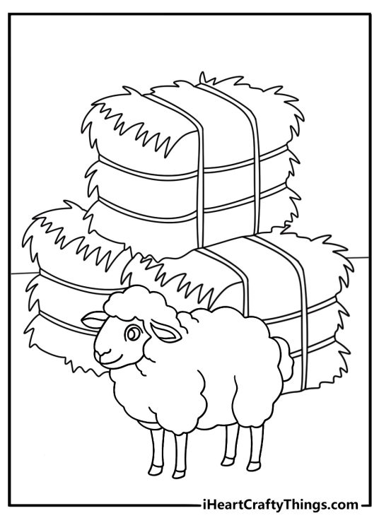 Free farm coloring sheet of a sheep standing near stacked hay
