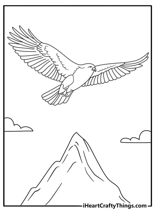 Free hawk coloring page featuring a broad winged bird above mountain peaks