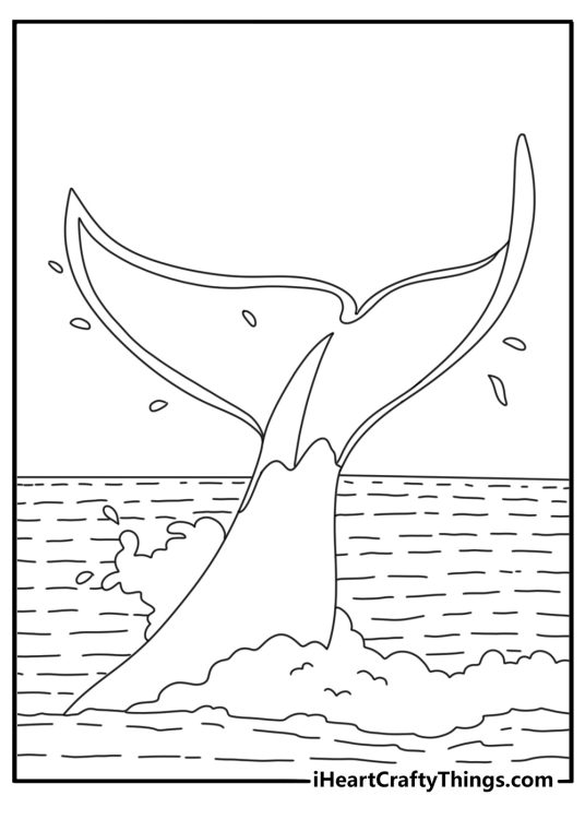 Free killer whale printable of an orca tail rising above ocean waves