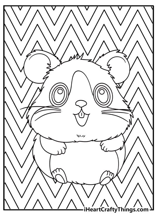 Free pdf to color featuring cute hamster smiling with his eyes closed surrounded by wavy lines in the background