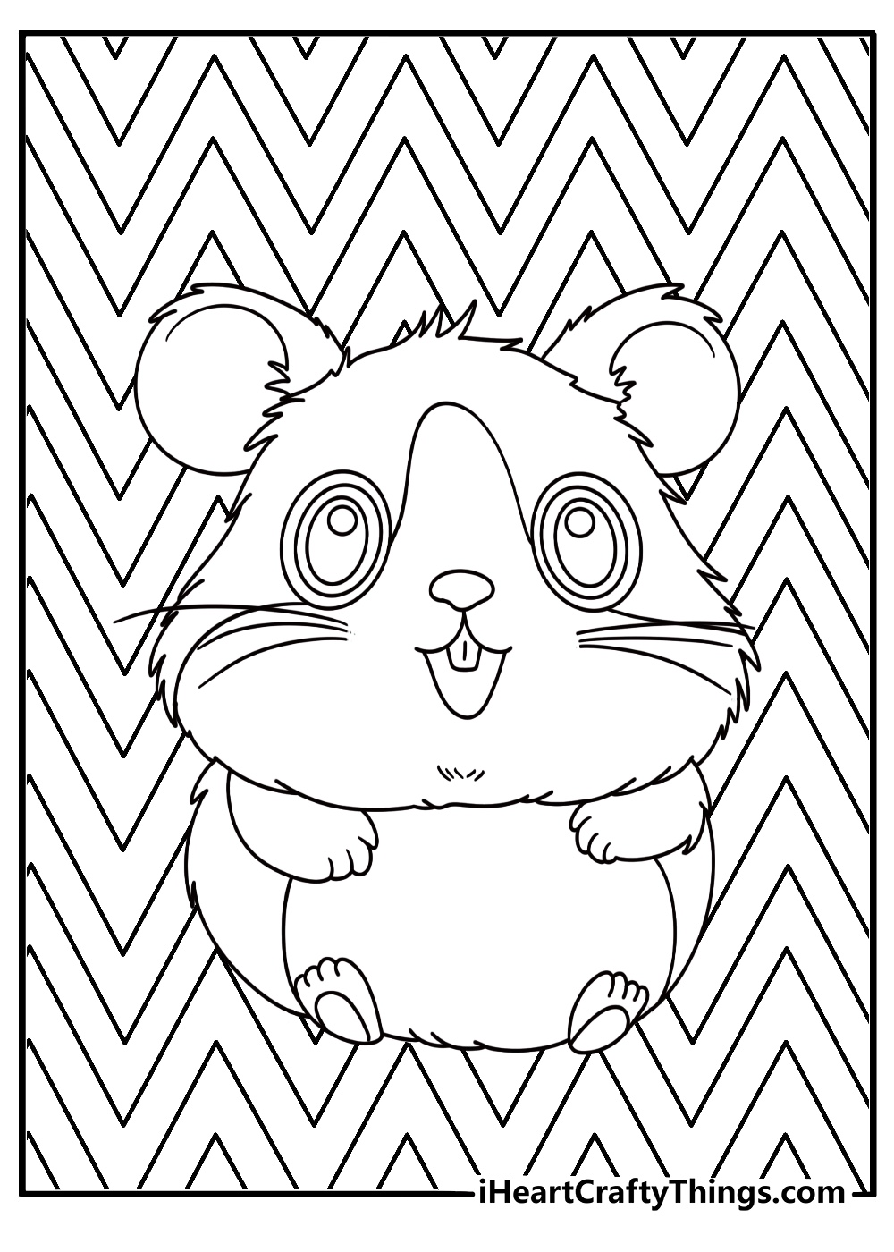 Free pdf to color featuring cute hamster smiling with his eyes closed surrounded by wavy lines in the background