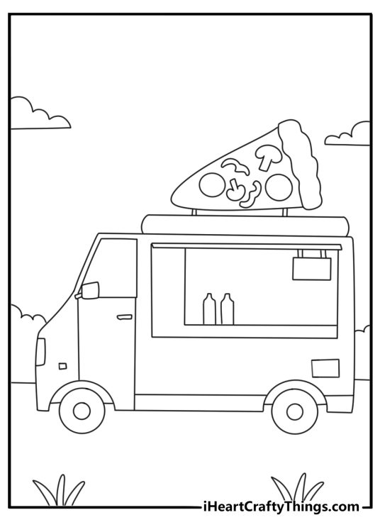 Free pizza coloring pages printable with a pizza food truck at a park