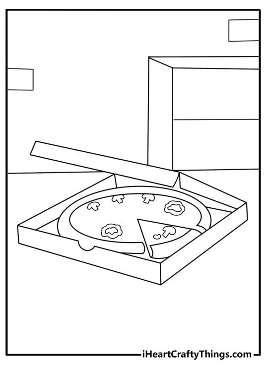 Free pizza printable of a pizza box open on a kitchen counter