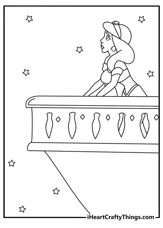 Free princess coloring page showing Jasmine looking over the Agrabah rooftops