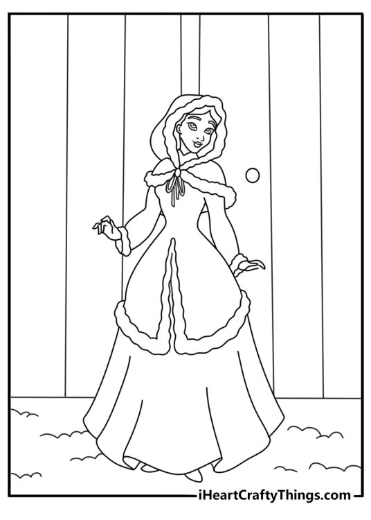Free printable Belle coloring sheet with Belle in a winter cloak near castle gates