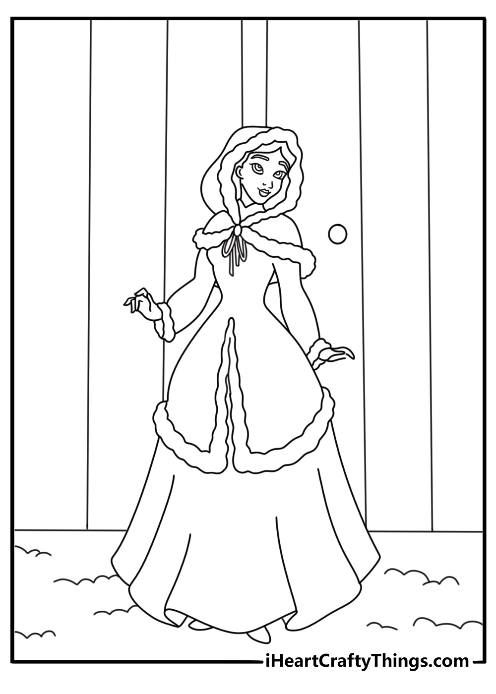 Free printable Belle coloring sheet with Belle in a winter cloak near castle gates