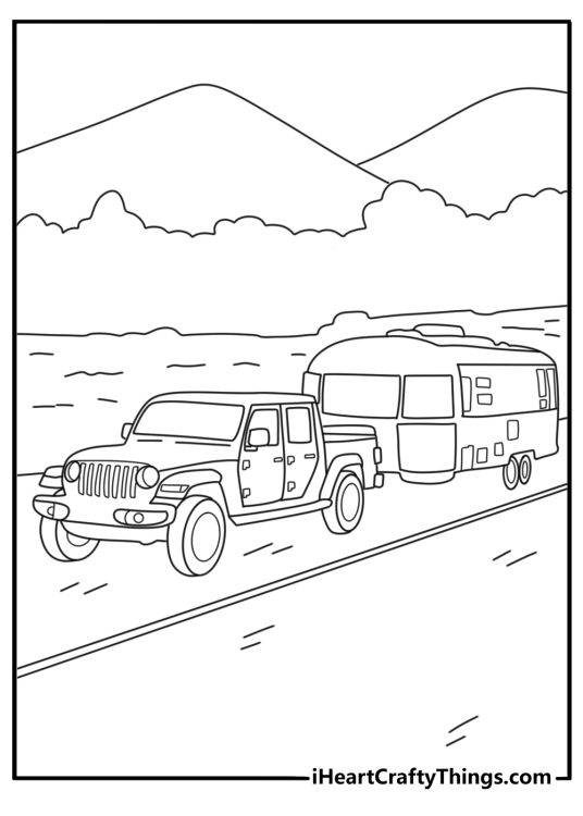 Free printable Jeep coloring pages with a Gladiator pulling a small trailer on a dirt road