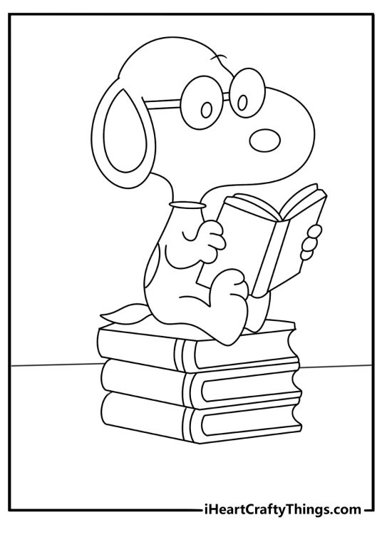 Free printable Snoopy sheet showing him beside a stack of comic books