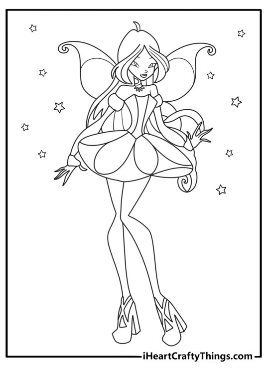 Free printable Winx coloring page of Flora in bloomix form with leaf magic