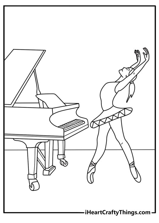 Free printable ballerina coloring sheet with a ballerina beside a grand piano