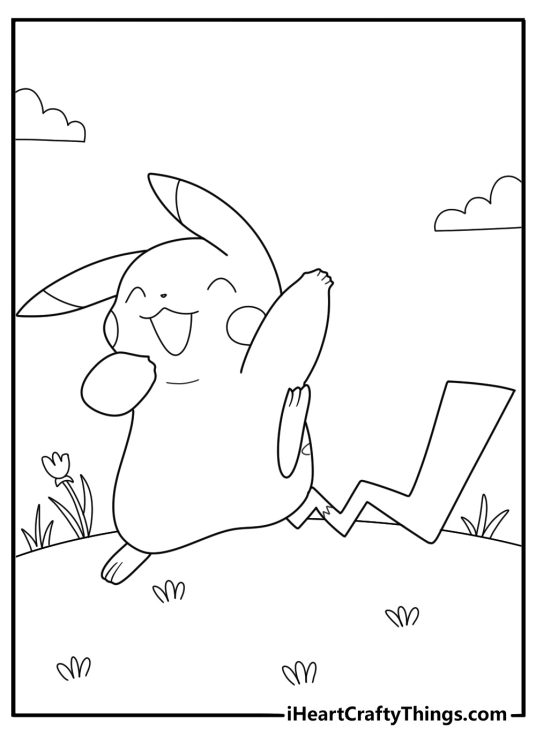 Free printable coloring page for pre schoolers of a cheerful Pikachu enjoying a dance