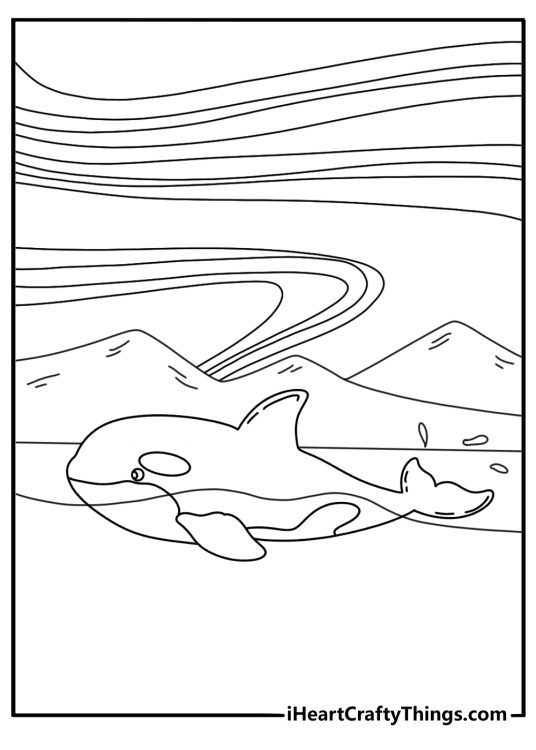 Free printable coloring page of a killer whale under the northern lights