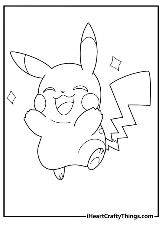 Free printable coloring page presenting cheerful Pokemon Pikachu happily waving both paws