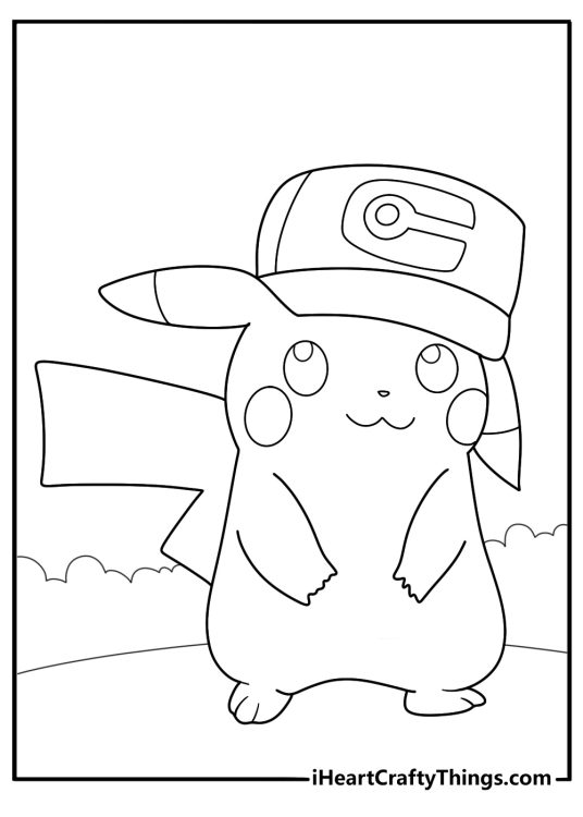 Free printable coloring picture featuring Pokemon Pikachu wears Ash_s hat which is a little too big