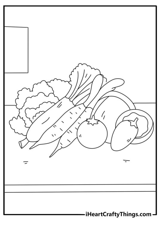 Free printable coloring sheet for children presenting a collection of vegetables
