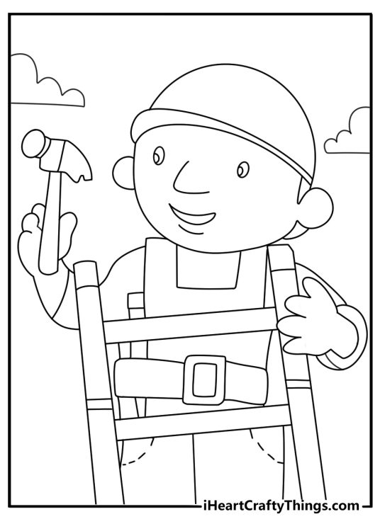 Free printable coloring sheet of Bob the Builder fixing roof with ladder and hammer