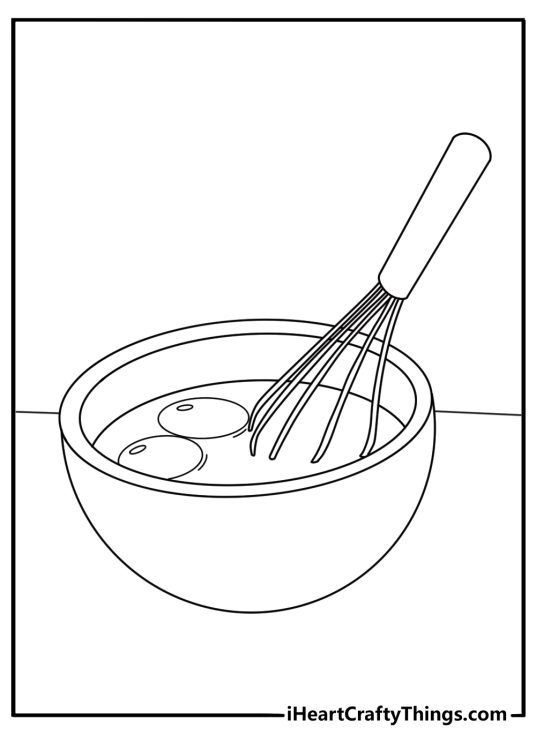 Free printable coloring sheet of a cupcake beside a mixing bowl and spoon