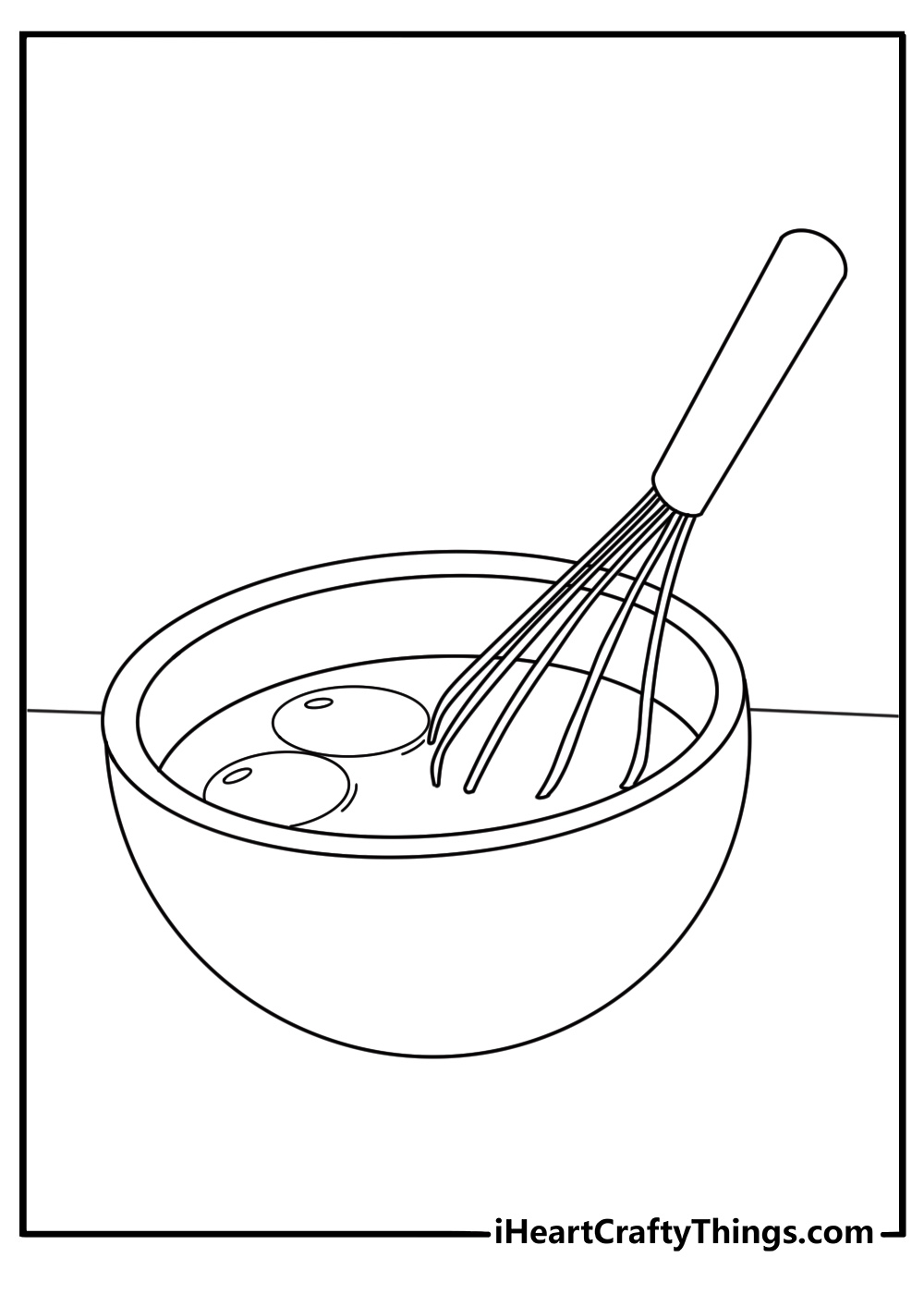 Free printable coloring sheet of a cupcake beside a mixing bowl and spoon