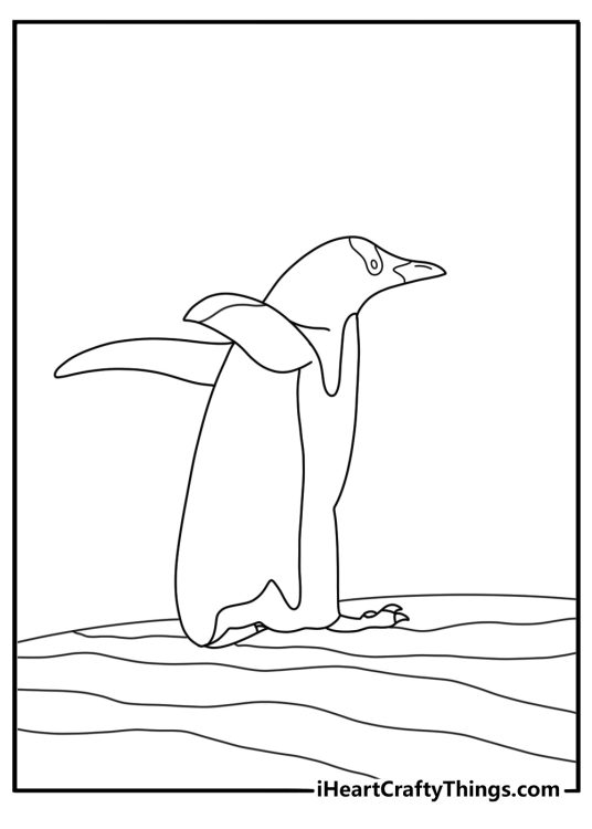 Free printable coloring sheet of a penguin waddling past icebergs