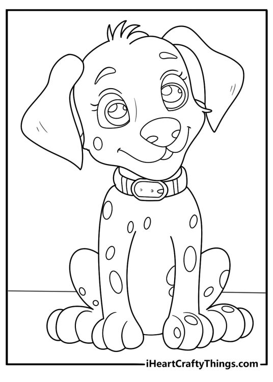 Free printable coloring sheet presenting cute dalmatian puppy with spots all over the coat