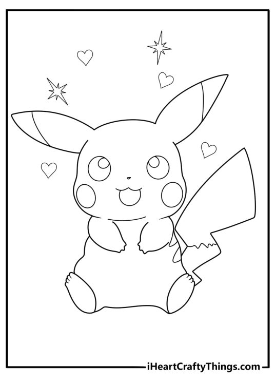 Free printable depicting Pikachu with little hearts and sparkles around his head