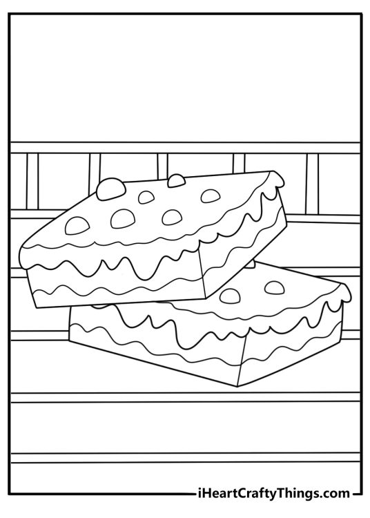 Free printable dessert coloring sheet of brownie squares on cooling rack