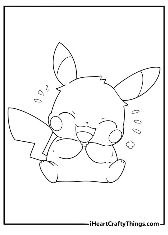 Free printable drawing for children depicting Pikachu looking cute and super happy