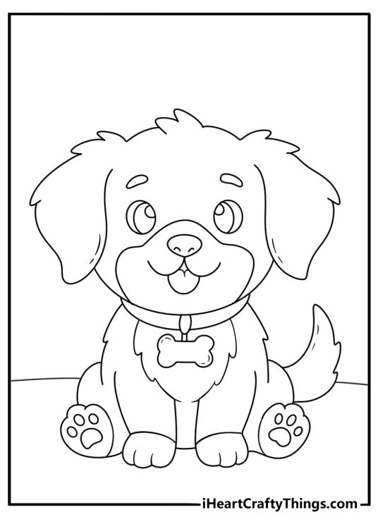 Free printable drawing of a playful little puppy with tongue sticking out of the mouth