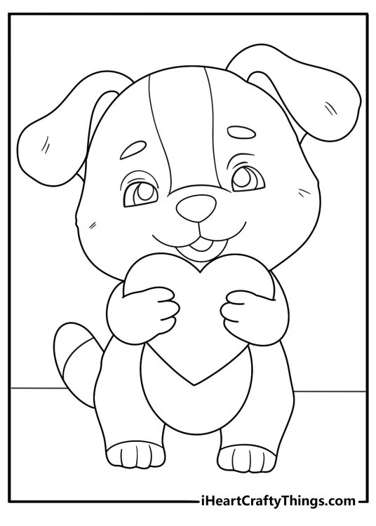 Free printable drawing to color presenting little puppy carrying heart shaped toy