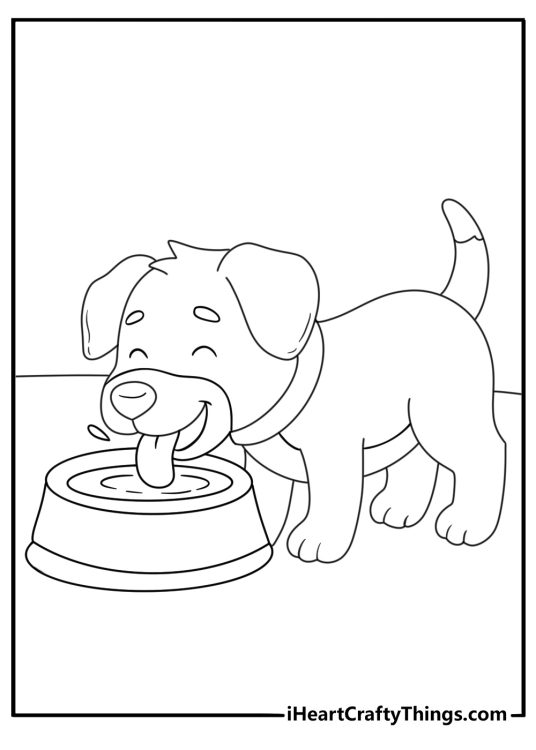 Free printable featuring a puppy drinking water from a small bowl