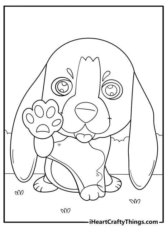Free printable featuring adorable puppy sitting with little back paw pads showing up