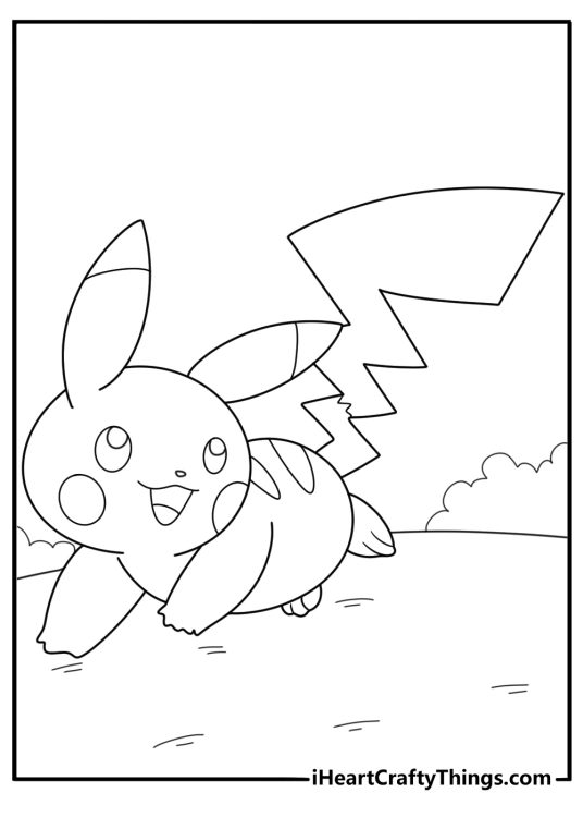 Free printable for kids of a cute Electric type Pokemon Pikachu running on all fours