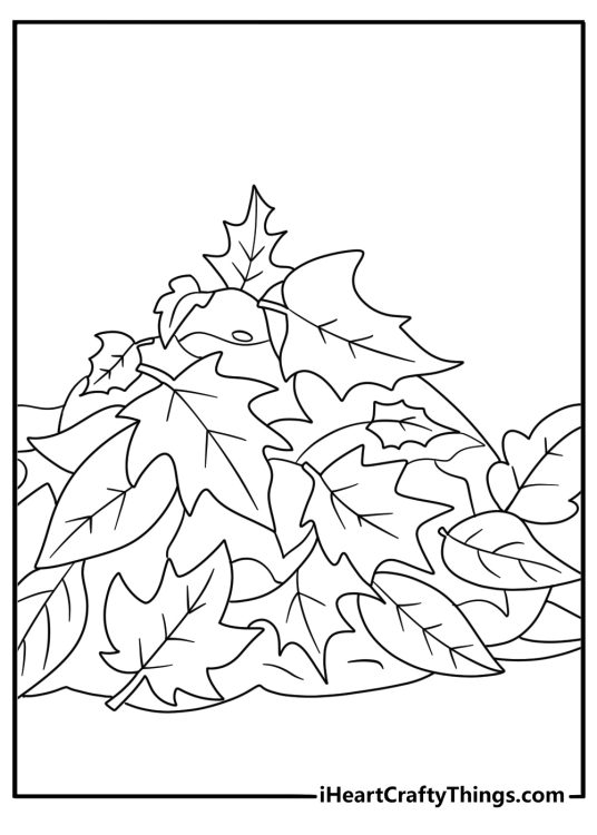 Free printable leaf coloring sheet with a pile of autumn leaves