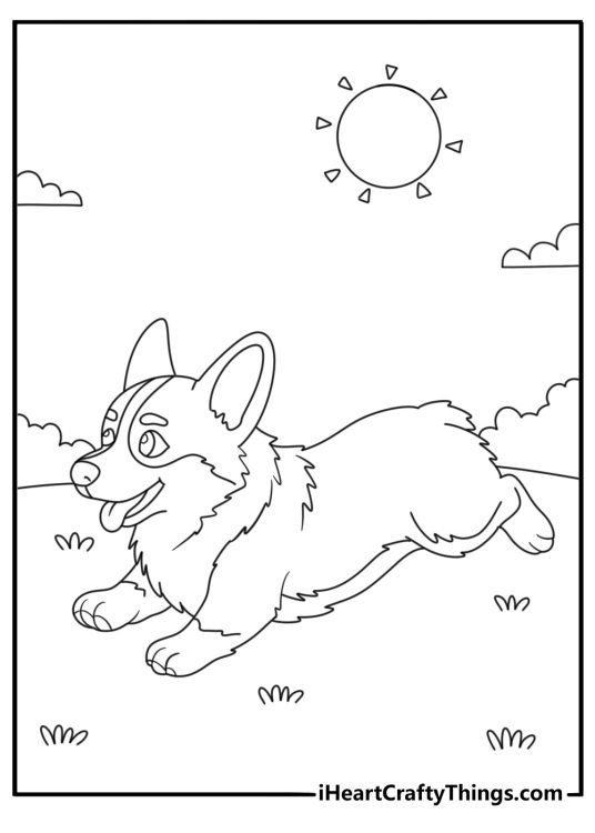 Free printable page for children featuring a happy Corgi running fast in the park