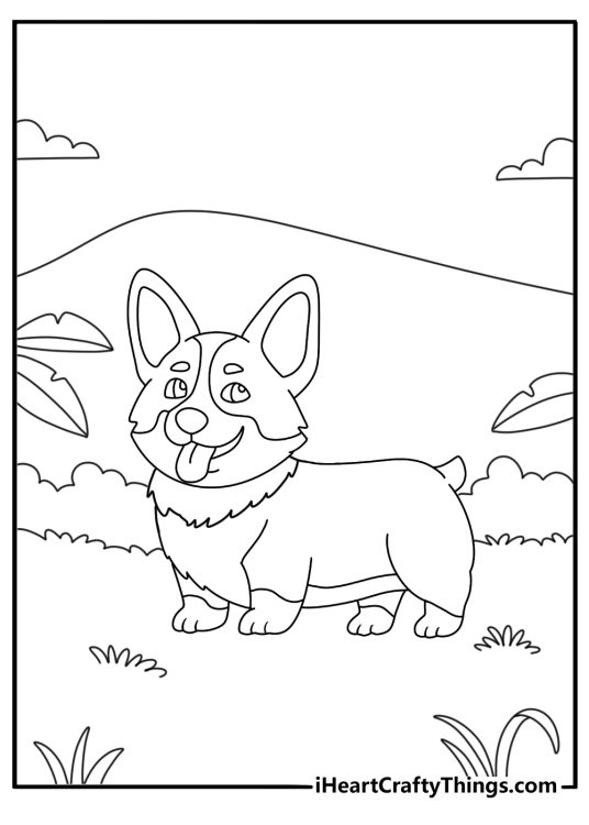 Free printable page of a very curious Corgi on a walk exploring the surroundings