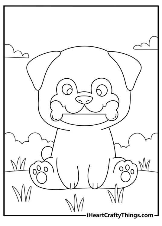 Free printable page presenting little puppy sitting and chewing on a bone surrounded by grass